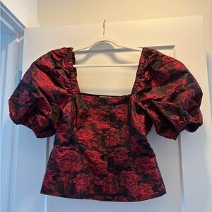 GANNI Red Botanical Jacquard Fitted Blouse – Size US 8/10 – NWOT
